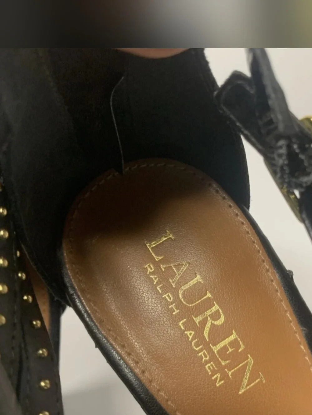 Ralph Lauren Black Braided T-Strap Wedge Sandals with Gold Studs